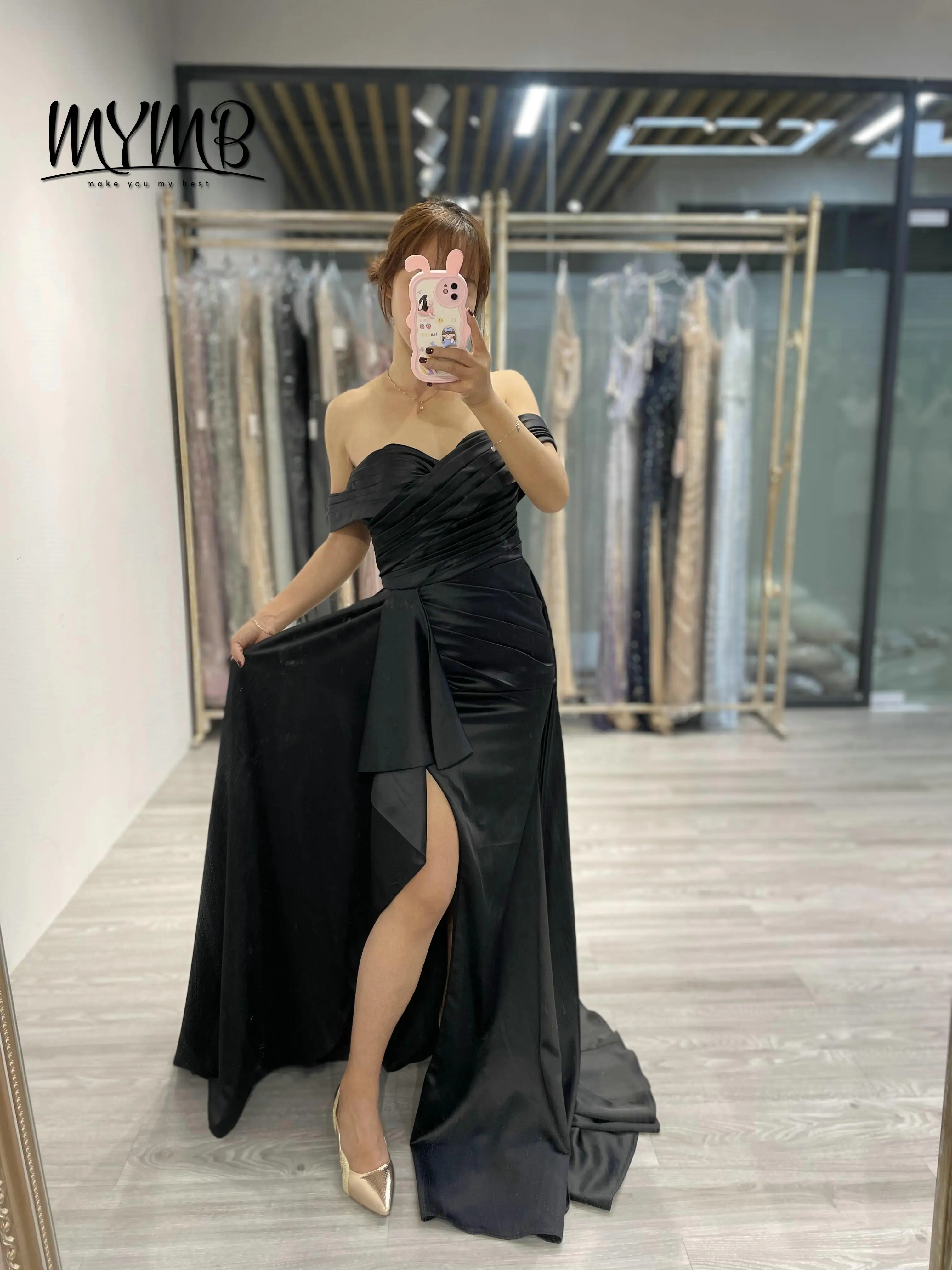 

MYMB Classy Fashionable Off the Shoulder Sweetheart Neck High Split Black Prom Evening Dresses Gown With Chic Side Skirt MC20005