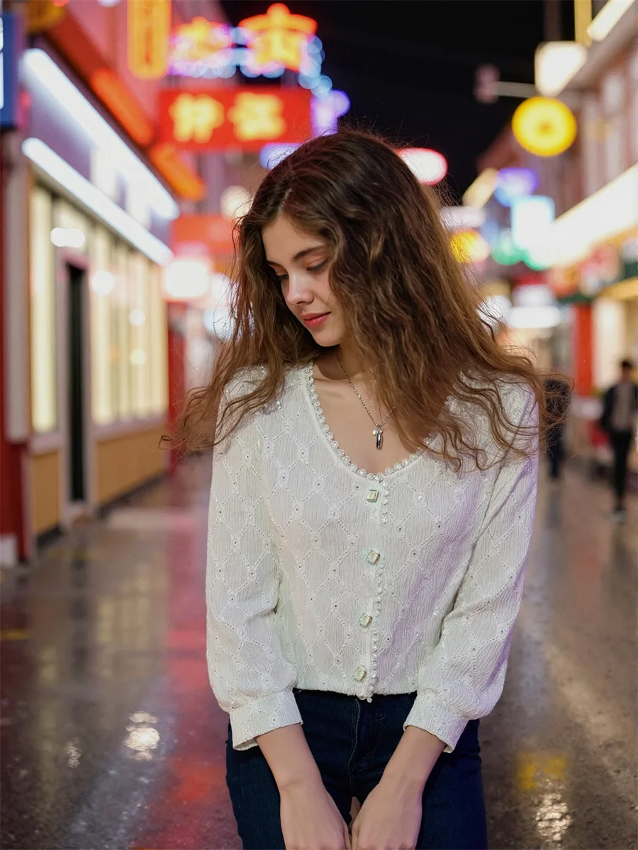 Camisas de encaje con cuello redondo, blusas no extragrandes, ropa elegante para mujer, tendencia 2025, regalos de invierno, ropa de trabajo femenina ceñida para estudiantes OL