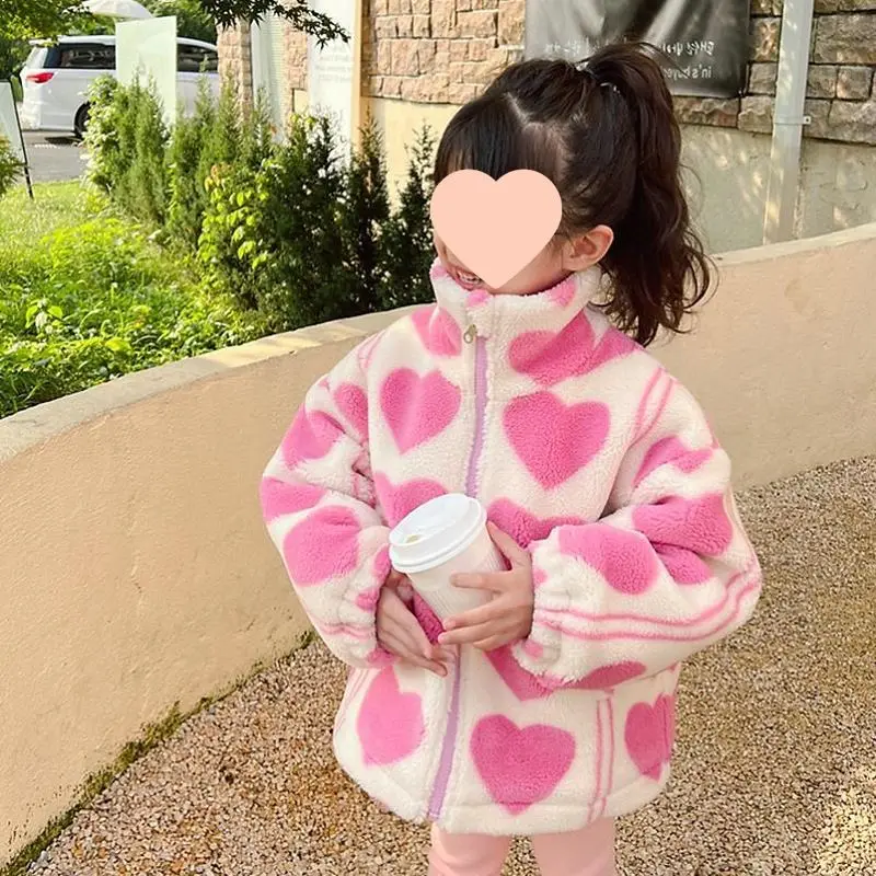 

Girls Coat Lamb Cashmere Extra Thick Plush Love Coat Top 2024 Winter Clothing New Children Clothing