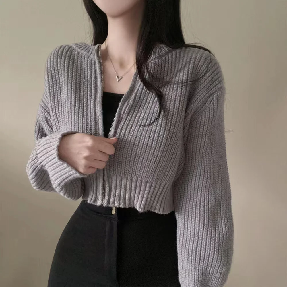 

Short Sweater Zipper O-neck Knitted Cardigan Coat Casual Basic Solid Black Women Clothes Winter All-match Thick 2024 Lady Trend