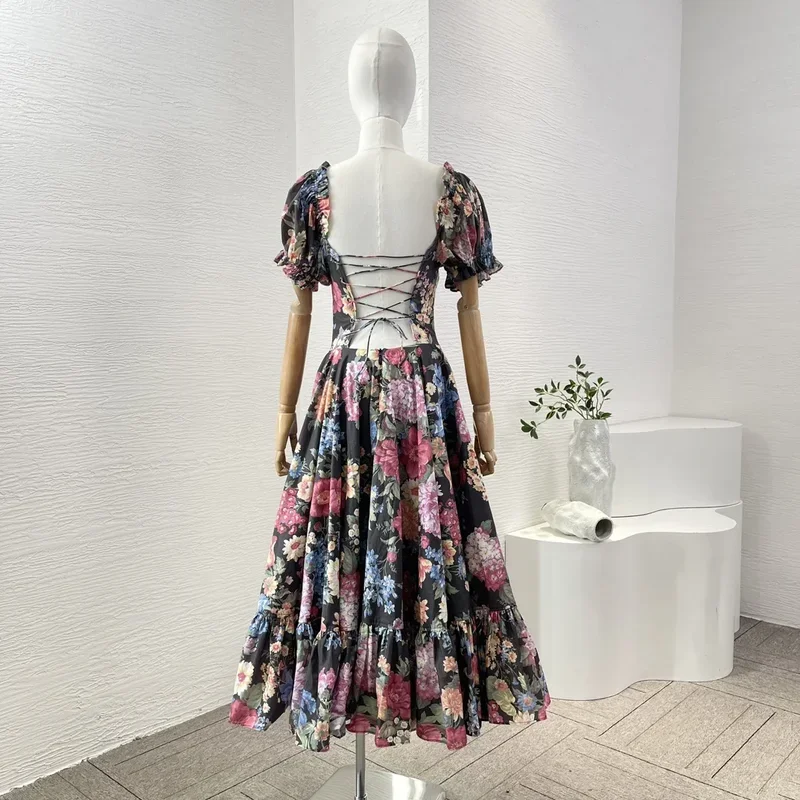 2024 Women Vintage Summer Poplin Black Short Sleeve Floral Print Ruffles Cross Tie Backless Midi Dress