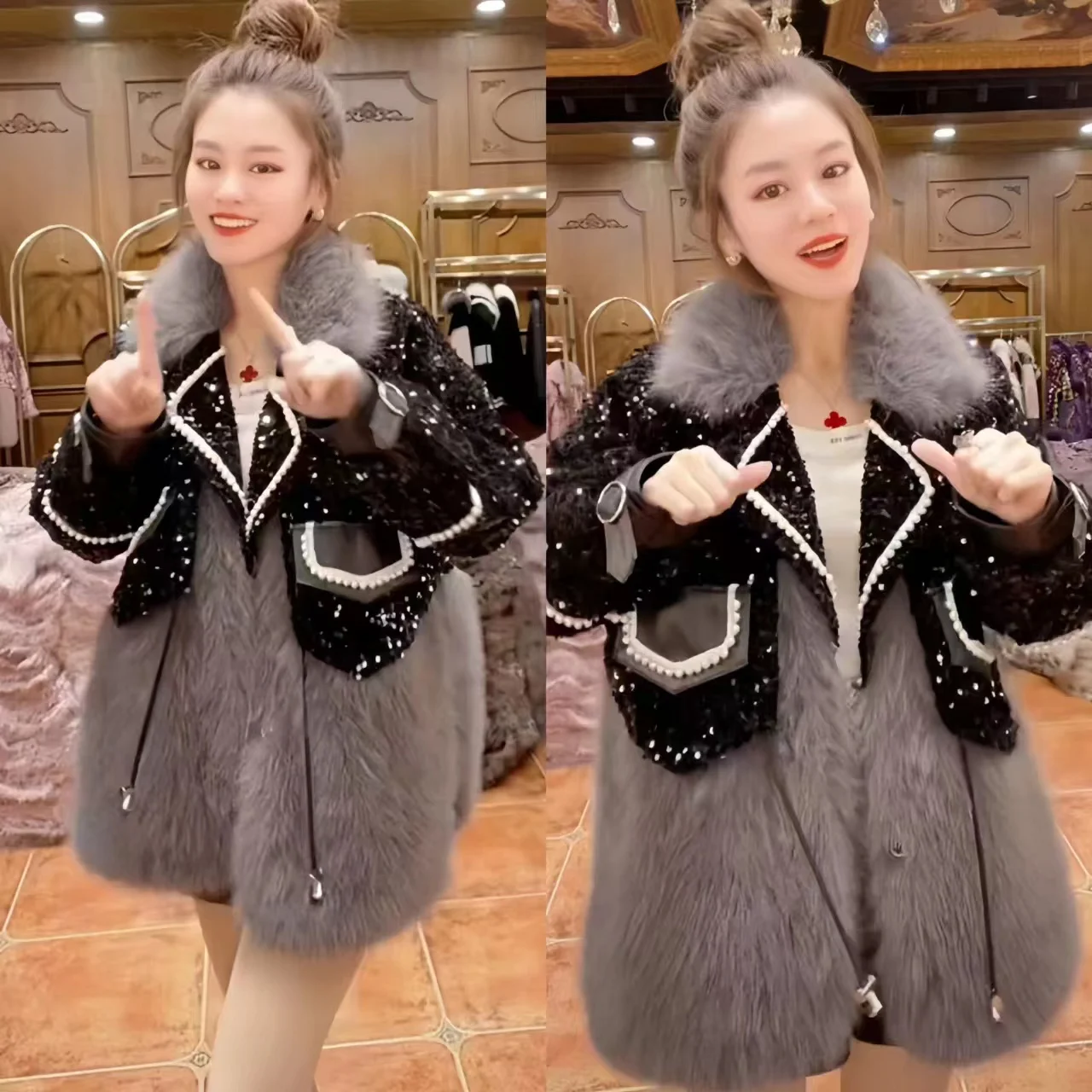 Faux Fox Fur Coats for Women, Covered Button Jacket, Adjustable Waist, Female Clothes, High Quality,Fur Collar,Spliced,Winter