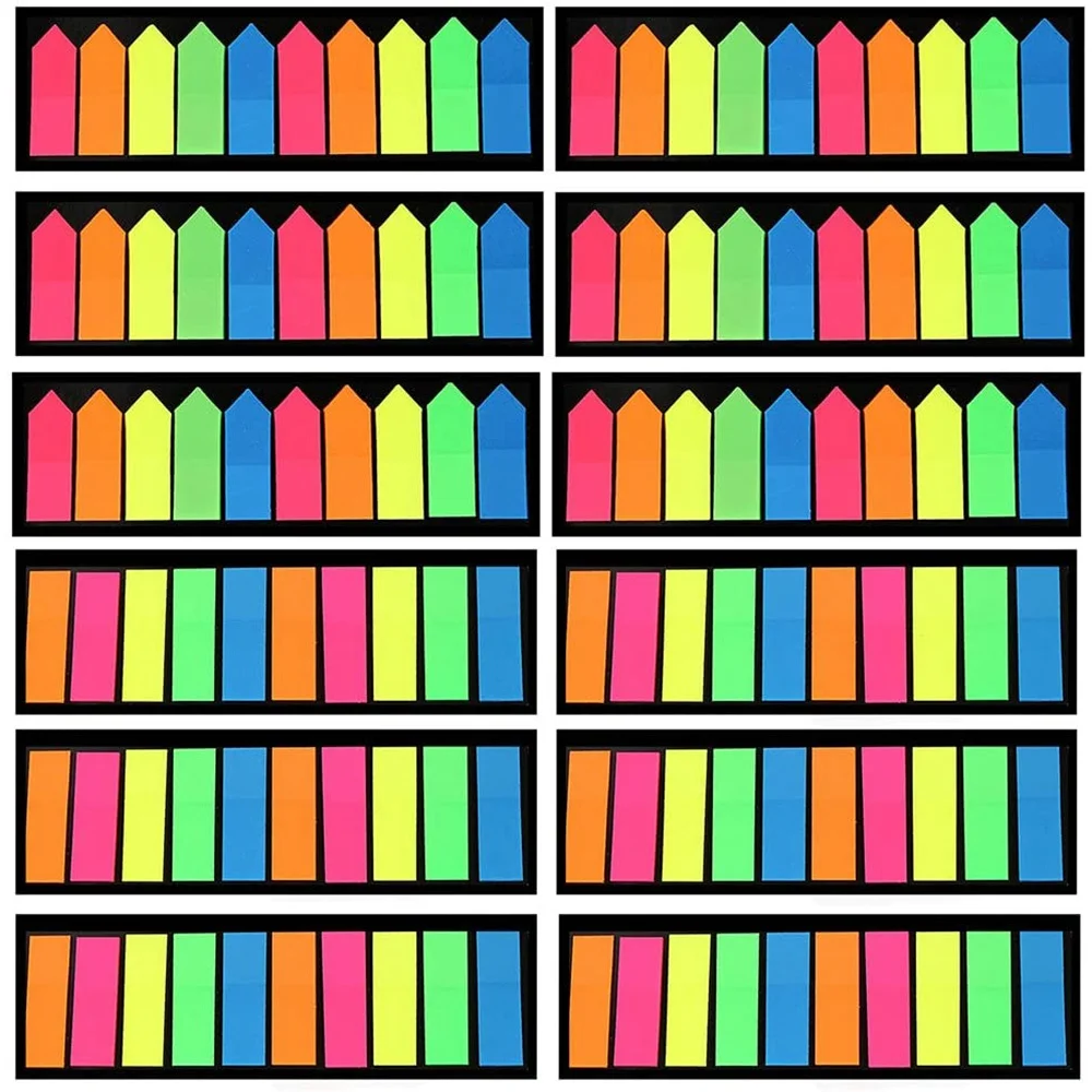 12 Sets Neon Page Markers Sticky Index Tabs, Colored Index Tab Flags, Fluorescent Sticker Tabs Note for Books, 2 Designs