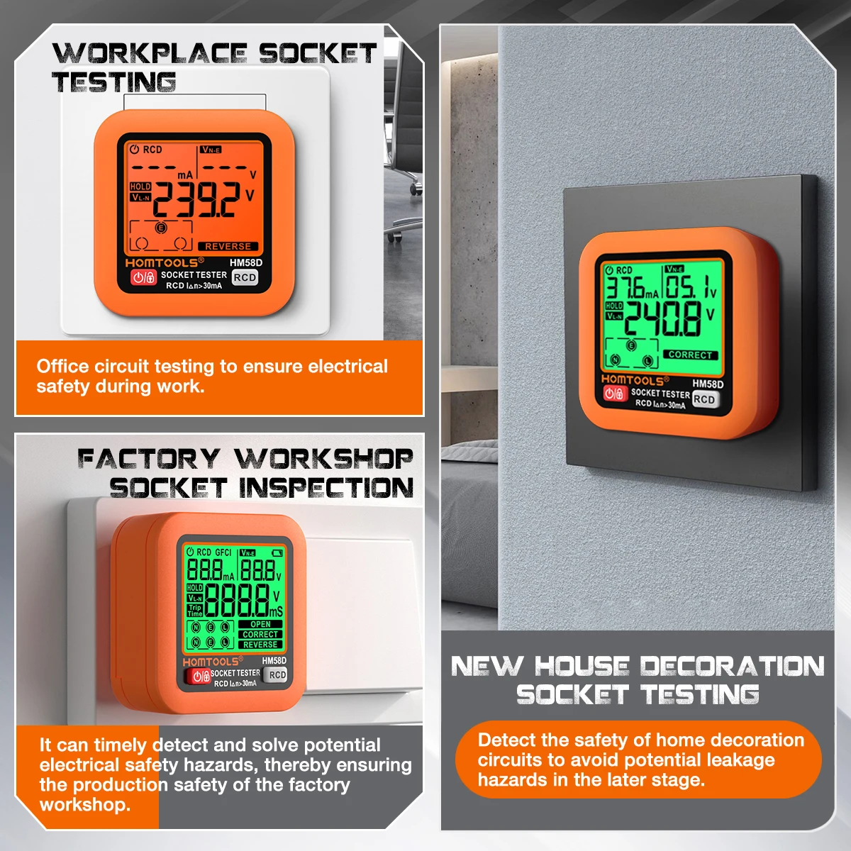 HOMTOOLS HM58 Tester presa digitale Rilevatore di tensione intelligente RCD Terra Linea zero Polarità Strumento di controllo della fase Controllore circuito