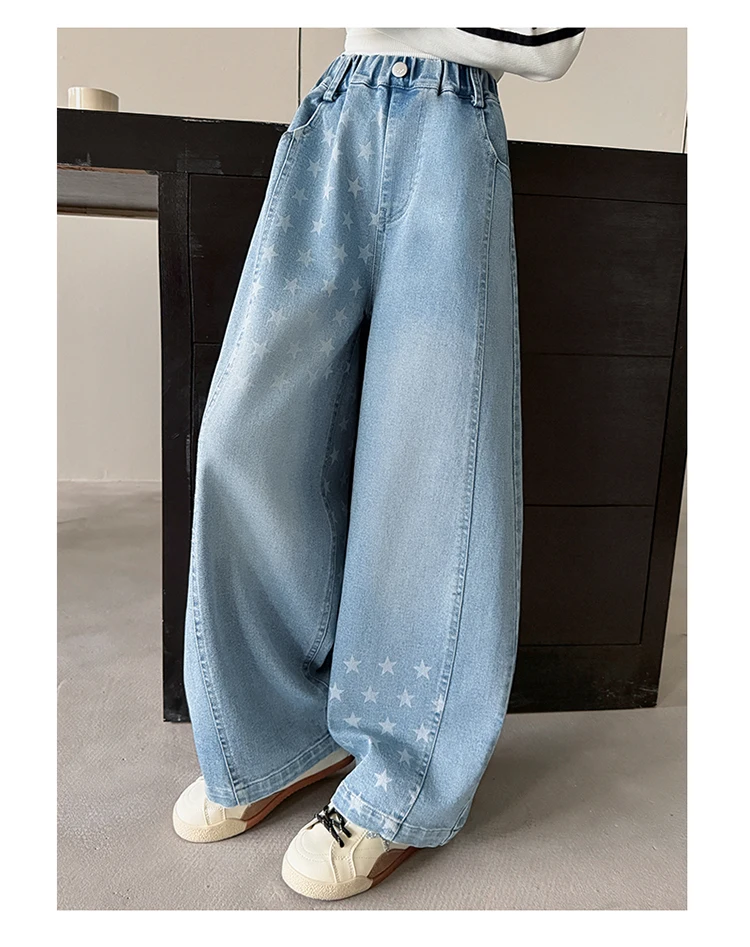 Neue Designer-Kinderjeans im Street-Style mit Sternen für Teenager-Mädchen, elegante blaue Denim-Hosen, Größe 5-14 – Detail 6