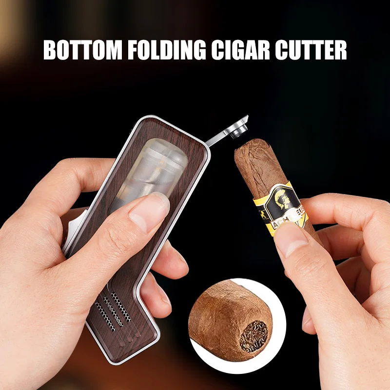 3-in-1 Cigar Lighter Windproof Blue Flame Transparent Gas Chamber Hidden Cigar Needle Folding Cigar Cutter Cyclic Inflation