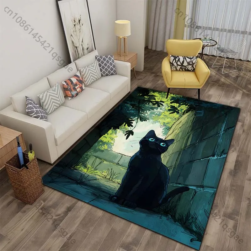 Multiple sizes Black cat blue eyes leafy alley Print Carpet for Living Room Bedroom Sofa Home Decor Non-slip Mat Luxury Gift