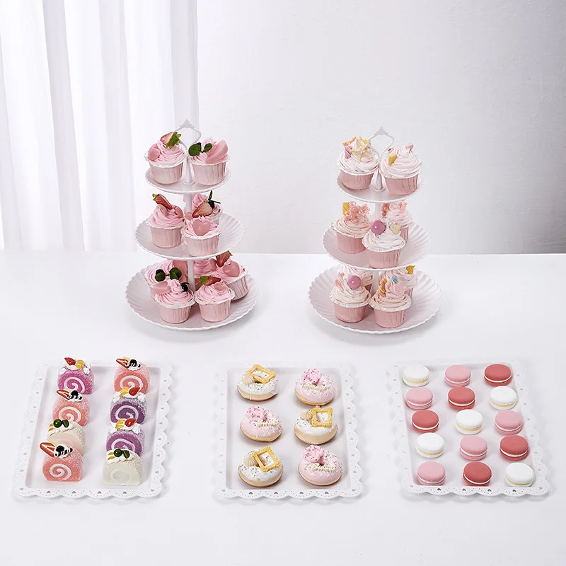 3 Tiers White Plastic Cupcake Stand Dessert Stand Tiered Serving Trays - Round, Square, Flower