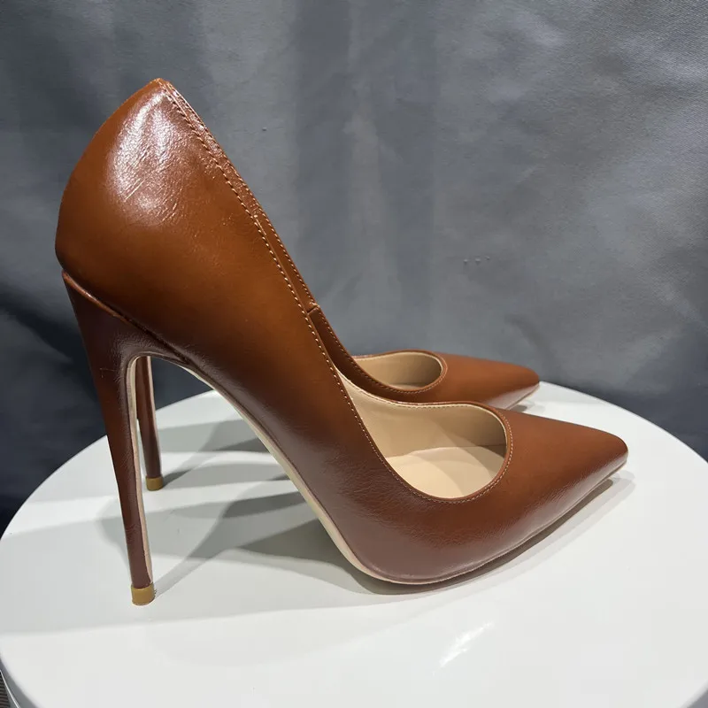 Basic Brown Matt Leather Women Shoes Stiletto High Heels 10Cm Pointy Toe Women Pumps Weddings Party Size 33-45 Shoes Woman