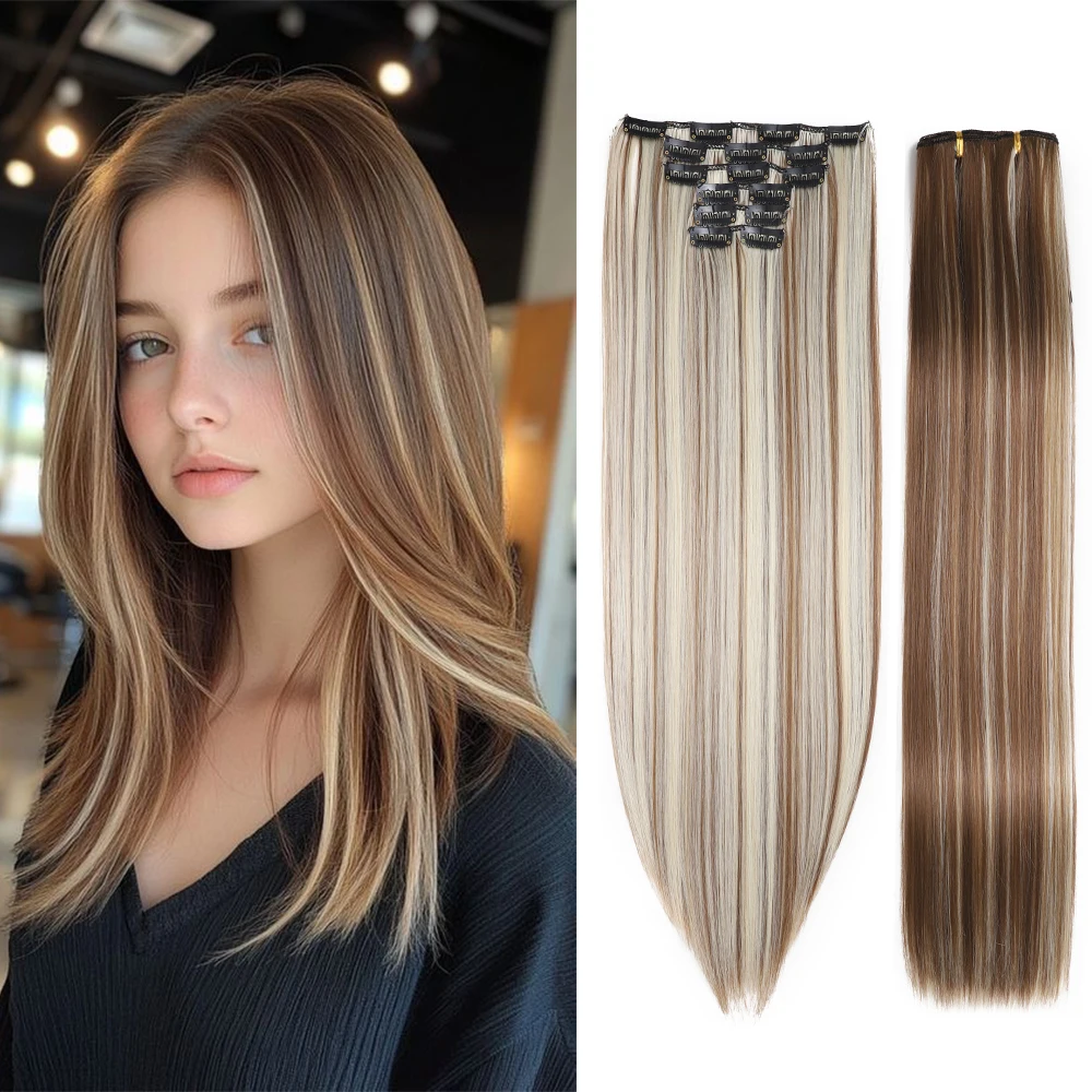 6-Piece Set 24-Inch Synthetic Clip-On Hair Extensions Straight Hair Removable Lightweight Synthetic Wig Women's Exclusive