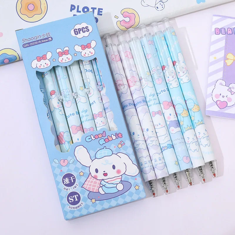 6pcs/set Kawaii Cartoon Retractable Pen St Head Quick-dry The 0.5 Mm Black Gel Pen Pupil Do Homework Signing Pen Cute Stationery