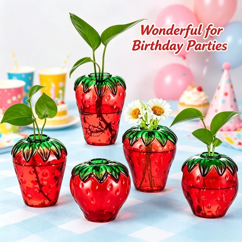 Cute Strawberry Shape Glass Vase Set of 5 Transparent Red Flower Vase Tabletop Hydroponic Plant Vase Home Wedding Party Decor