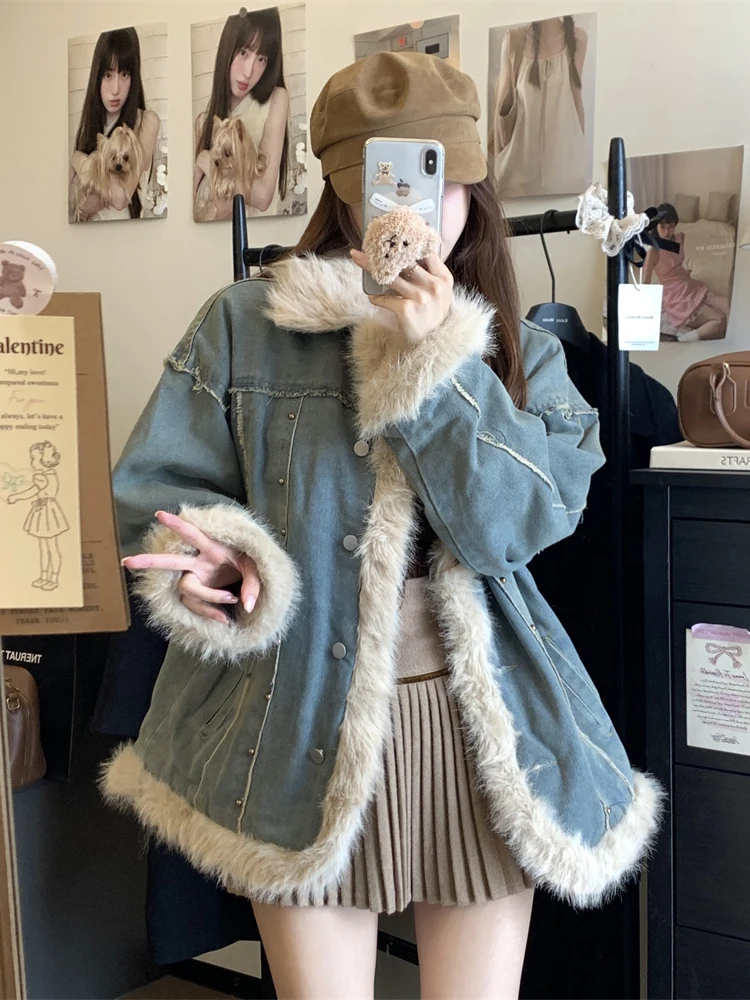 

Denim Coat Long Patch Fur Plush Womens Autumn Standneck Spliced Urban Social Gathering Adjustable Outcoats Chic Minimalism Lined