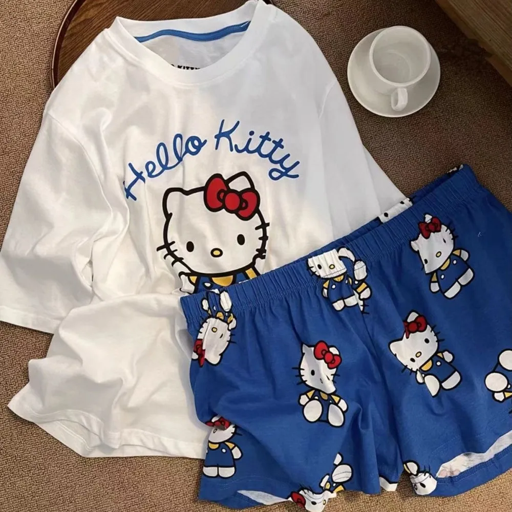 سانريو مرحبا كيتي منامة أنيمي الصيف المرأة الكرتون تي شيرت أبيض والسراويل الزرقاء دعوى لينة تنفس الملابس المنزلية #1