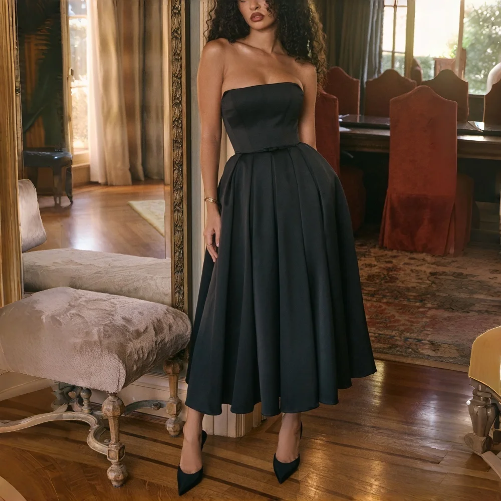 Vintage Satin Midi Dress Strapless Bow Detail Voluminous Pleated Skirt Formal Evening Cocktail Party Bridesmaid Prom Gown