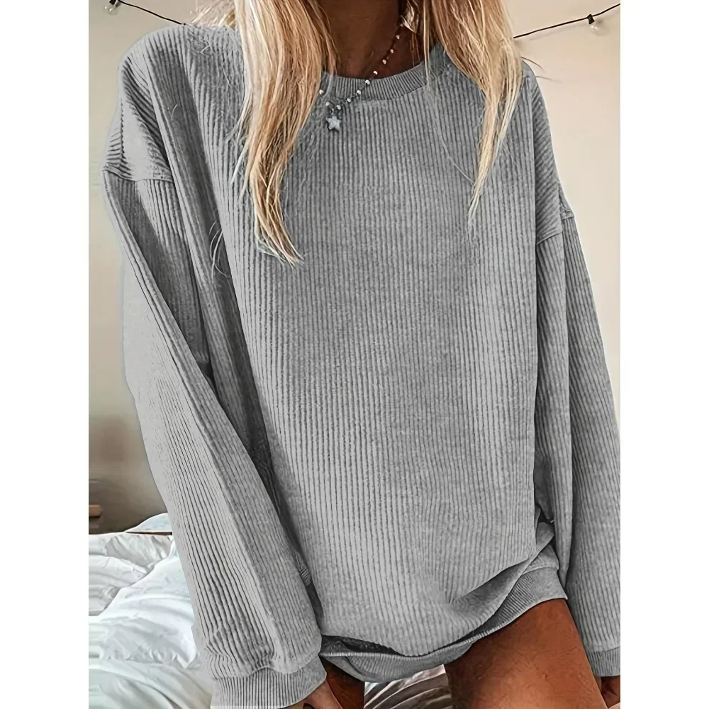 Plus Size Women Loungewear Pullover Round Neck Long Sleeve Solid Waffle Knit Loose Fit Top