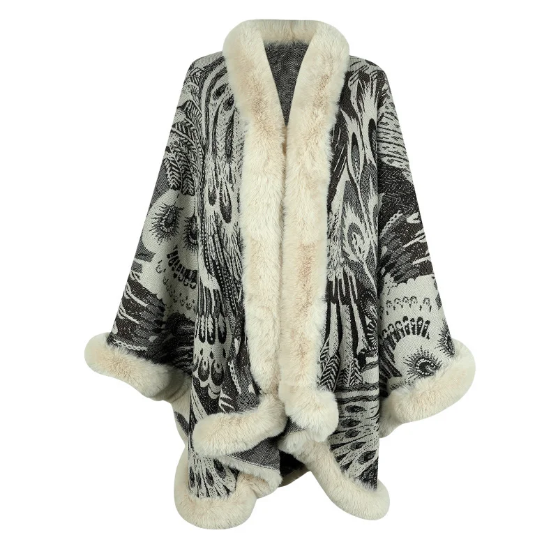 2023 New In Peacock Print Knitted Poncho Women Fur Collar Cape Coat Female Luxury Shawl Cardigan Jackets Outerwear