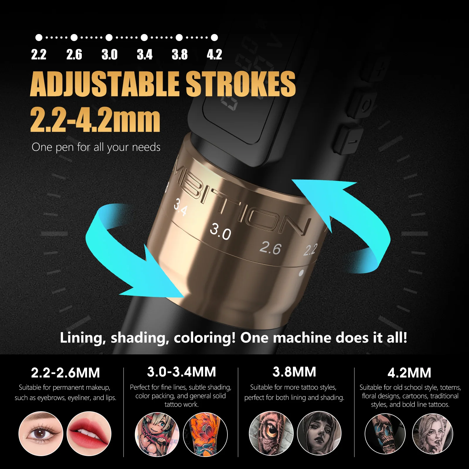 Ambition Mars-U 2.2-2.6-3.0-3.4-3.8-4.2mm Adjustable Stroke Professional Wireless Rotary Tattoo Pen Machine For Artists Body Art