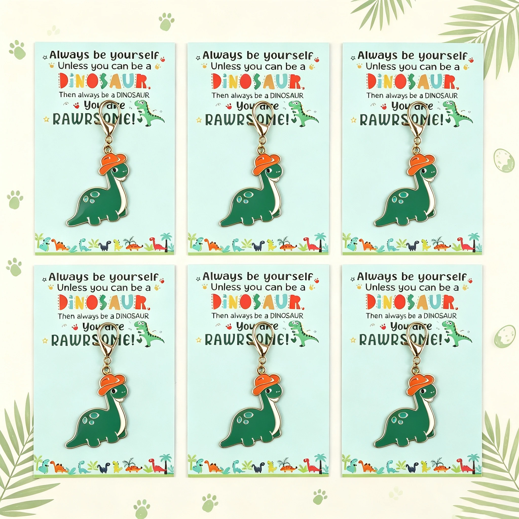 A Gift for Him/Her, 6 Cute Dinosaur Keychains, Including a Dinosaur Encouragement Card, Can Be Used as Car Key Charms, Backpack Decorations, for Holiday Parties, Birthdays, Progress Rewards, or as Fun Gifts.