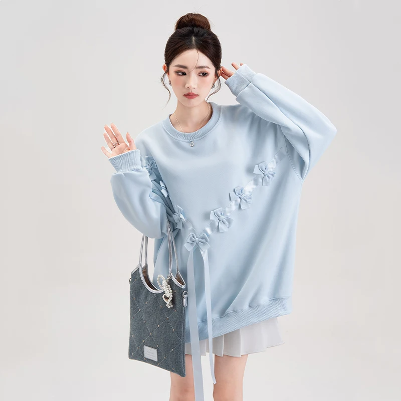 

New Women Spring Autumn Bow Sweatshirt Fashion O-Neck Drop Shoulder Oversize Pullover Sweet Light Blue Casual Loose Sweatshirt