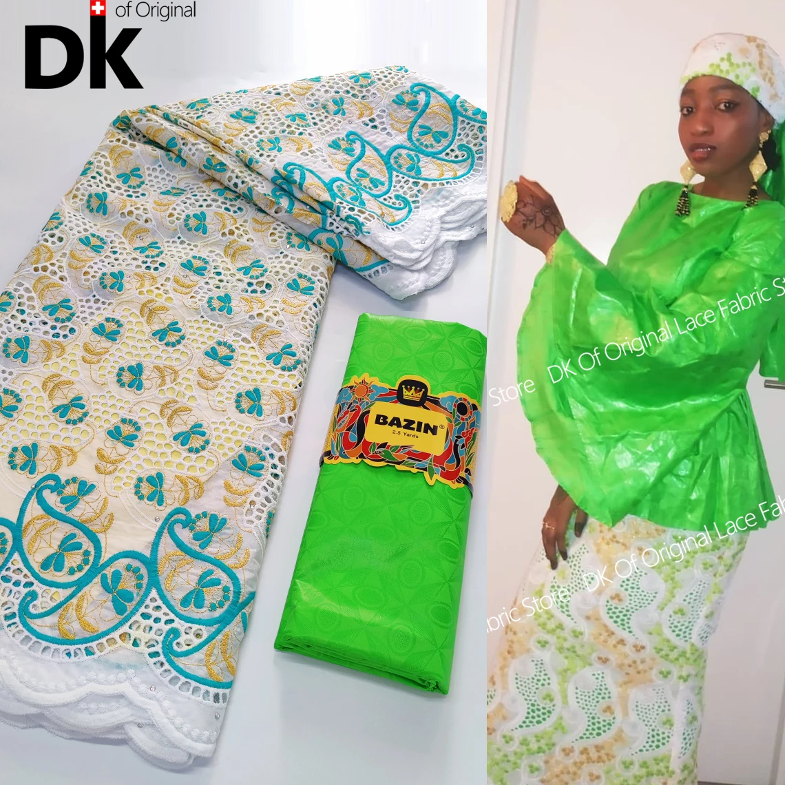 Green African Dry Lace Cord Fabric  With Bazin Rich 100% Cotton Gold Line Embroidery Nigeria Women Wedding Dress Sewing Material