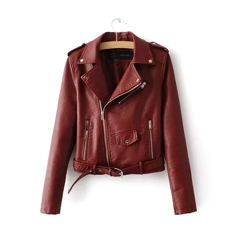 Autumn and Winter Pure Color Simple Slim Fit Pu Leather Long Sleeved Jacket Coat Korean Version Motorcycle Women's Clothing