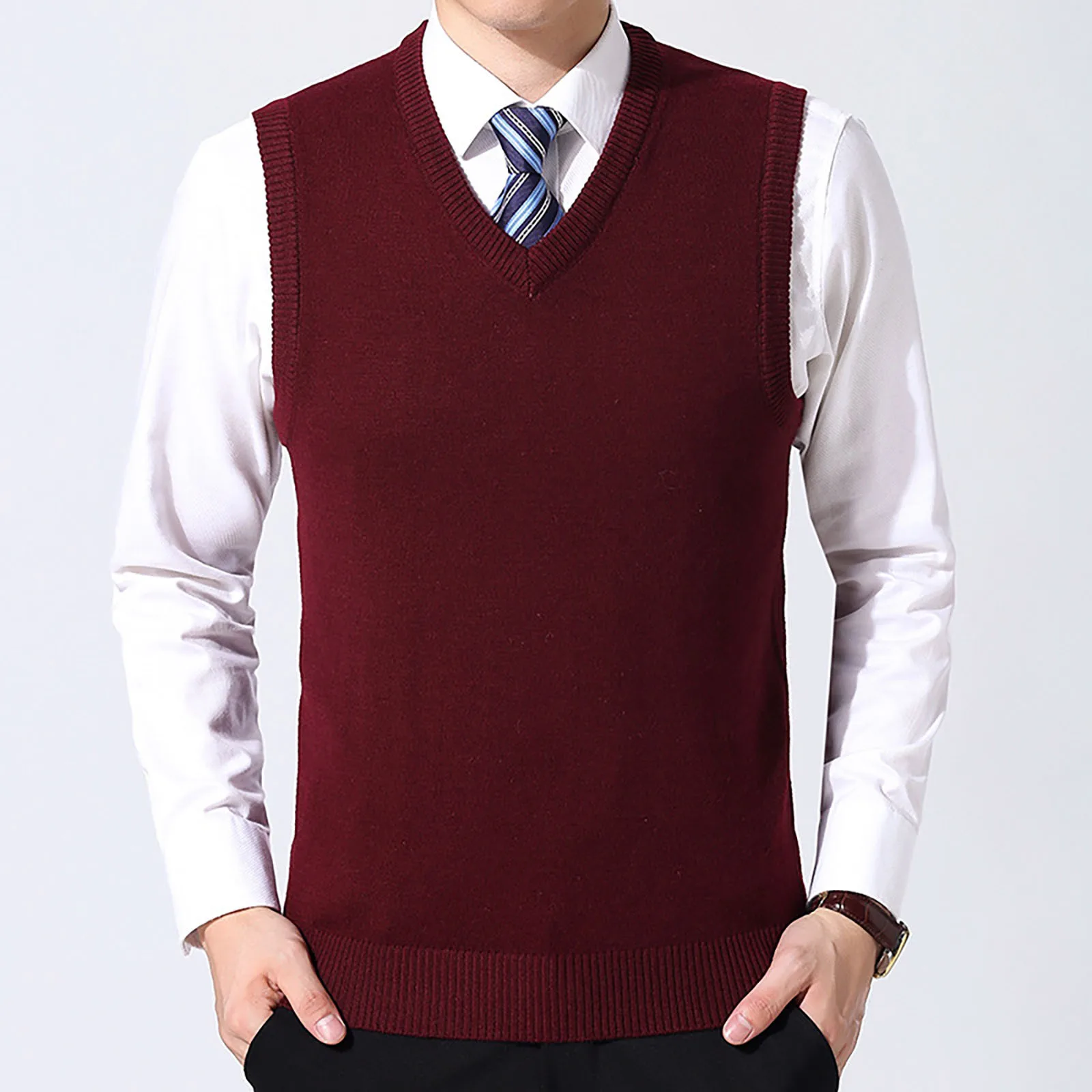 

Winter Male Sleeveless Knitted Vest Men's Fashion Casual Solid Colour Bottoming Shirt V Neck Jacquard Shoulder Jumper Vests