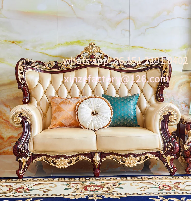 

Customizable European leather sofa red sandalwood gold foil solid wood