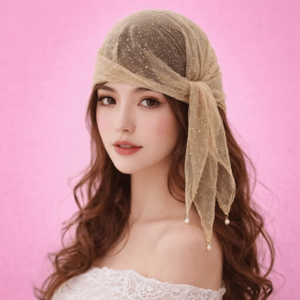 

Pearl Tassel Rhinestone Square Scarf Lace Trim Solid Color Full Sky Star Headwrap Hair Wrap Breathable Fabric