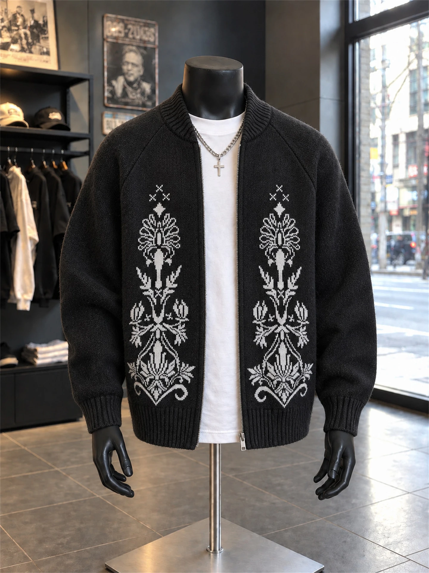 Black Loose Knitted Sweater Cardigan Stand Collar Unisex Autumn Winter Warm Fashionable Vintage American Style Inner Wear Out...