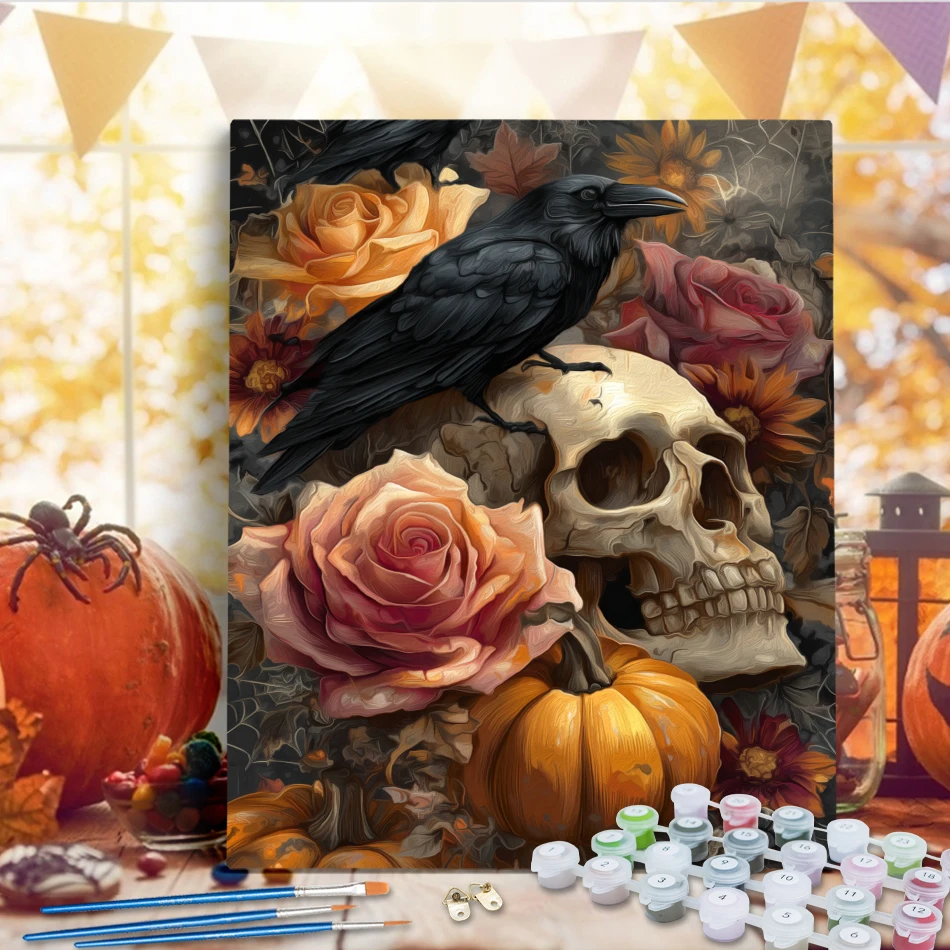 

RUOPOTY Diy Oil Painting By Numbers Art Supplies Bone Flower Bird Acrylic Paints Handwork Handmade Color Markers Halloween Decor