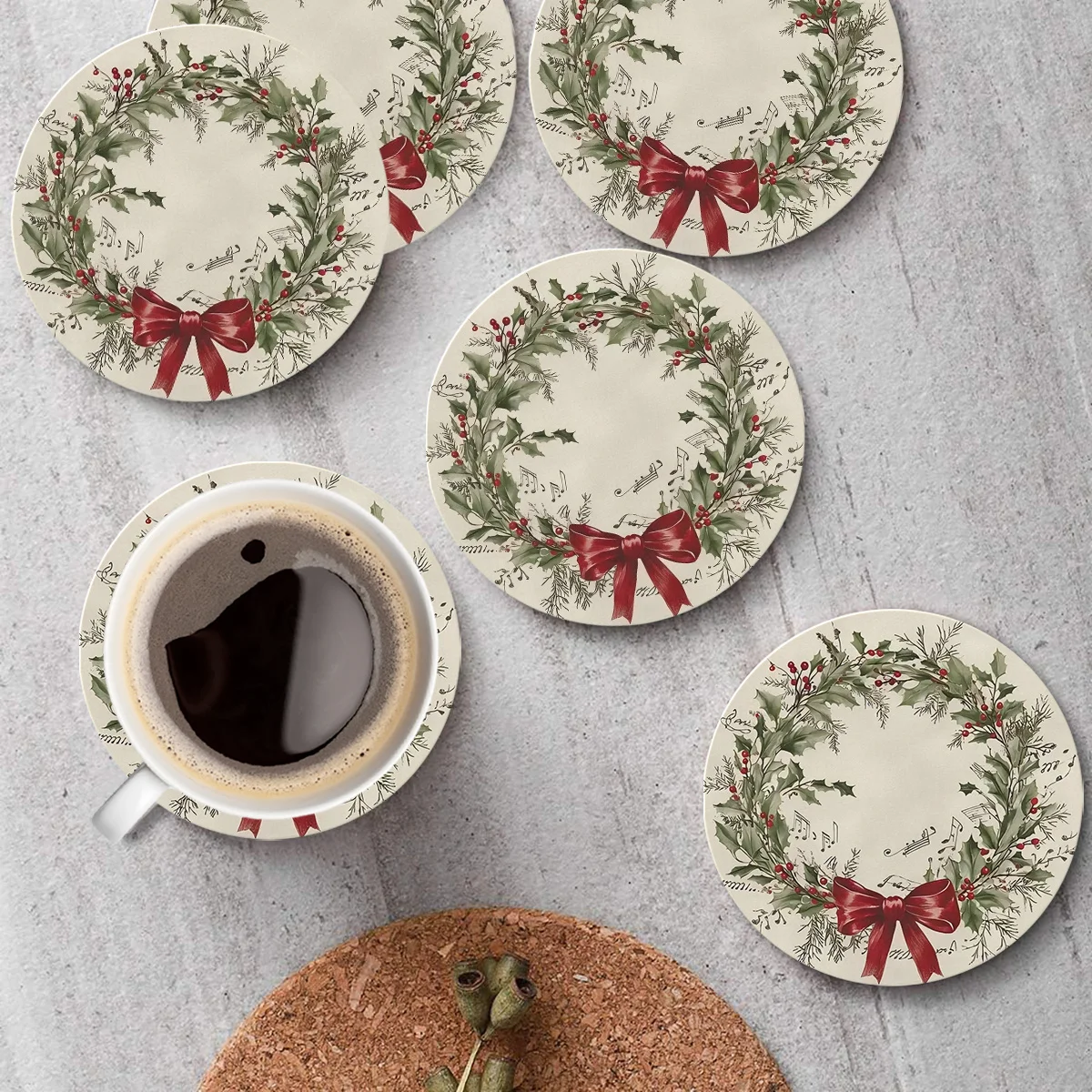 Christmas Wreath Pattern Wooden Coasters 2D Coffee Shop Office Home Decor Christmas New Year Party Holiday Seasonal Decor