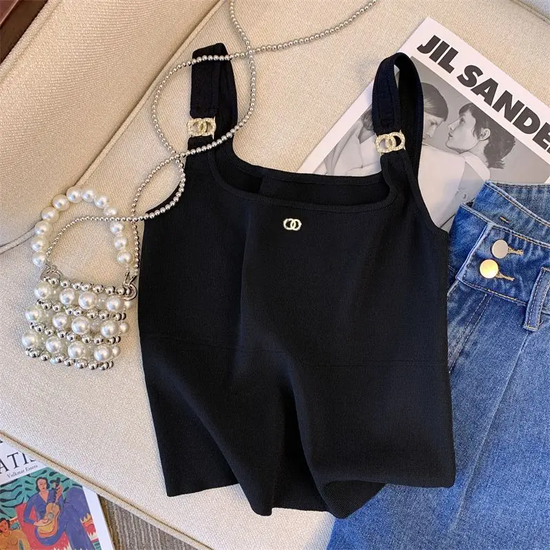 

Summer Temperament Patchwork Letter Solid Color O-neck Camisole Female Simplicity Slim Sleeveless T-Shirts Women Clothes Camis