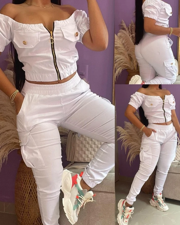 

2026 Summer New Women's Fashion Casual Daily Micro Elastic Off Shoulder Pocket Zipper Design Top and Folding Pants Set
