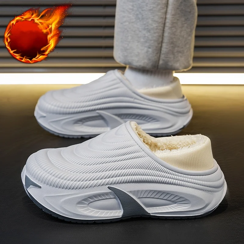 Men's Autumn‑Winter Full‑Heel‑Cover Slippers, EVA Waterproof Shell, Fleece‑Lined Thick Plush Interior, Thick‑Sole Anti‑Slip Indo