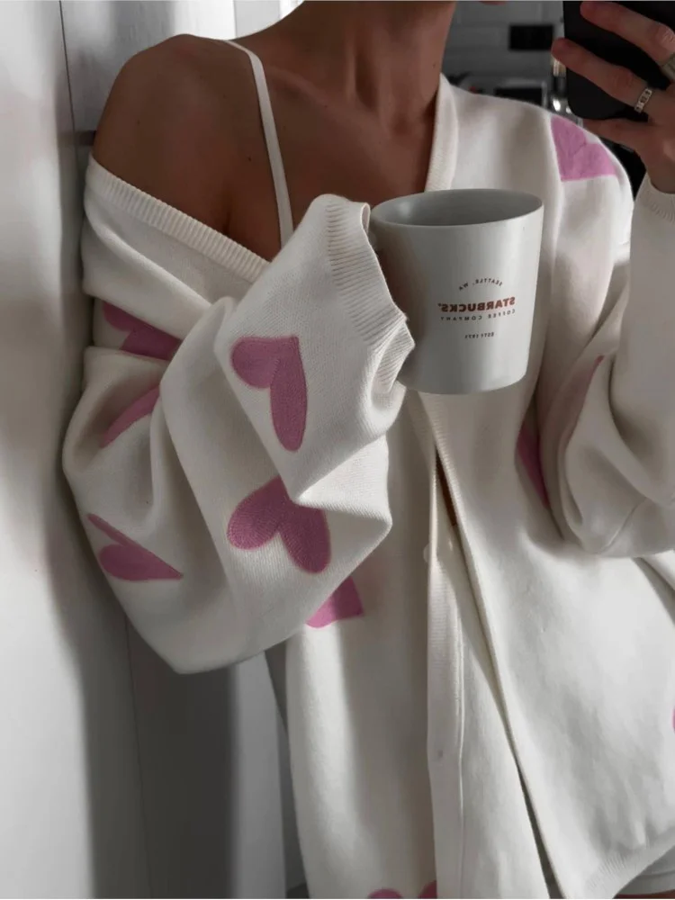TARUXY-Cardigan à Manches sulfet Col en V Profond pour Femme, Pull Décontracté avec Broderie de Cœur, Manteau d\'Automne, Nouveauté 2023
