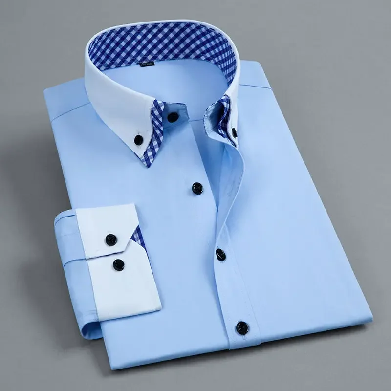 Camisa de vestir de alta calidad para hombre, Camisa de doble capa a la moda, de manga larga, Formal, de negocios, de ajuste Regular, para oficina,