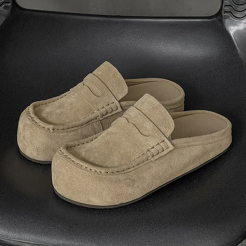 Suede Leather Open Back Casual Shoes Mules Men Backless Loafers Slippers Half Shoes Slip On Flats Vintage Man Slides Sandals