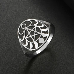 COOLTIME Pentagram Moon Phase Ring Stainless Steel Supernatural Pentacle Amulet Rings Women Men Vintage Band Jewelry Party Gift