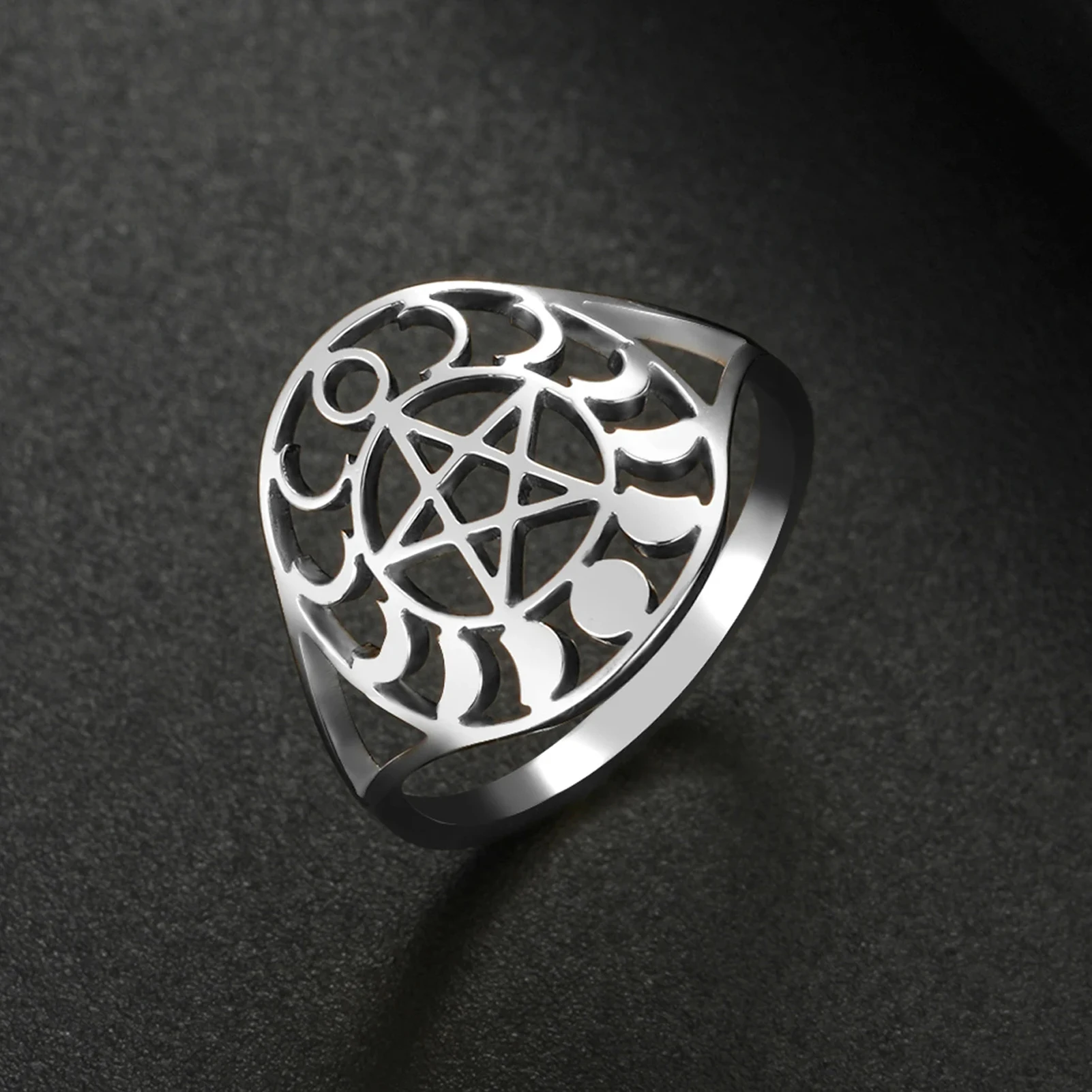 COOLTIME Pentagram Moon Phase Ring Stainless Steel Supernatural Pentacle Amulet Rings Women Men Vintage Band Jewelry Party Gift