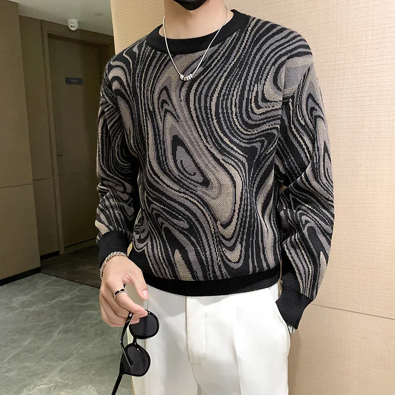 Men's Fashion Geographical Lines Long-sleeved Round Collar Sweater Knit Comfortable Leisure Jumper