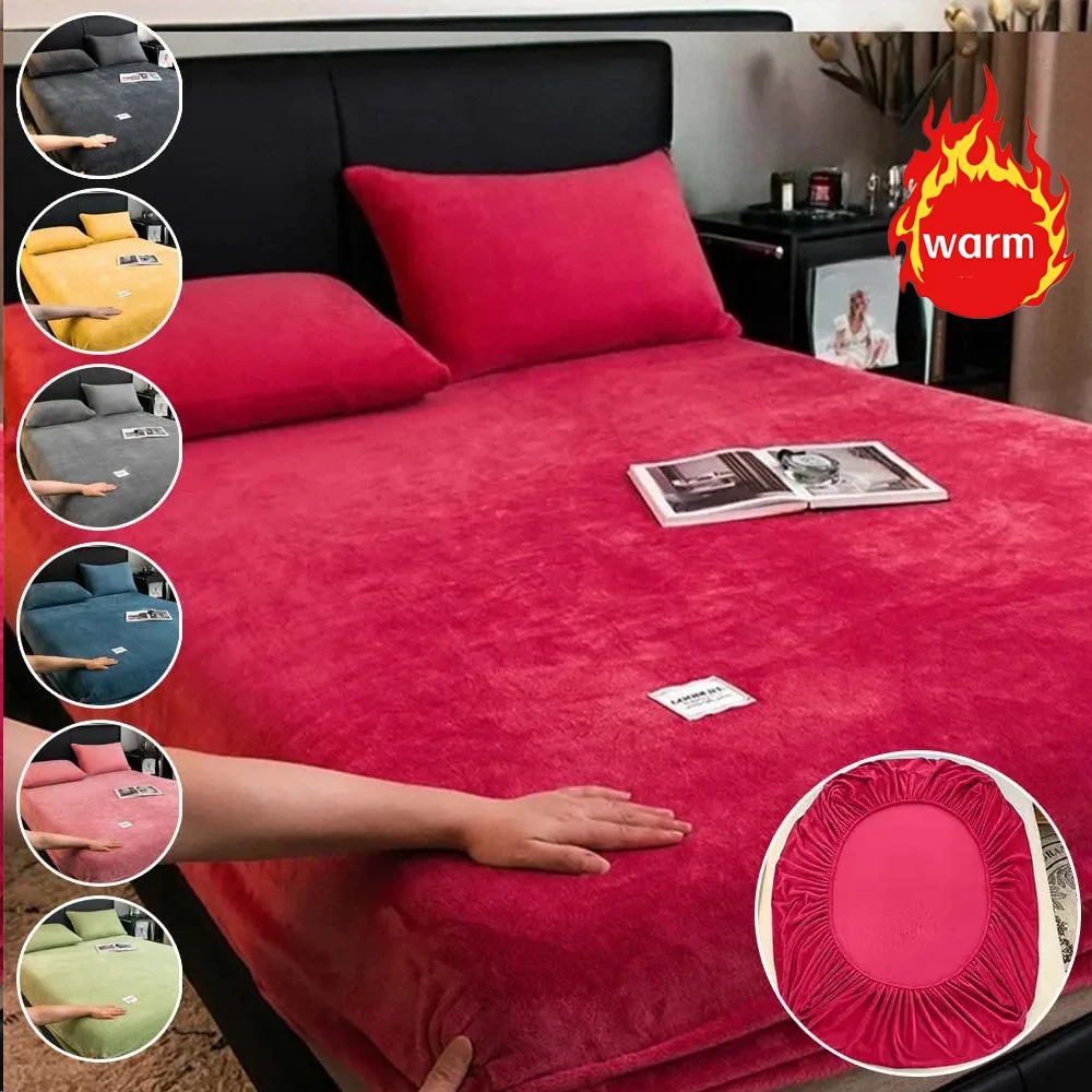 

1PC Student Dormitory Fitted Sheet Winter Thickened Plush Bed Milk Velvet Fluffy Coral Fleece Bedding for Single Double King Bed