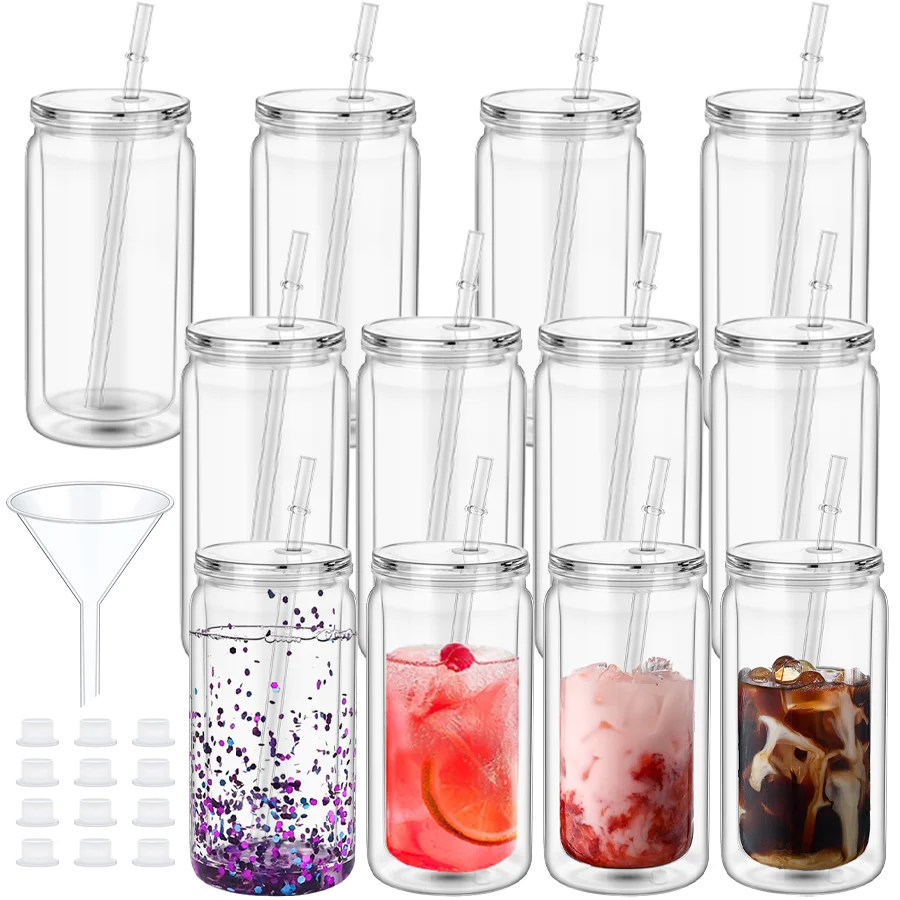 

12pcs Water Bottles,16 oz Plastic Cups - Snow Globe Cups for Outdoor Use - Pre-Drilled Double Wall Cups, for Creative Gifts