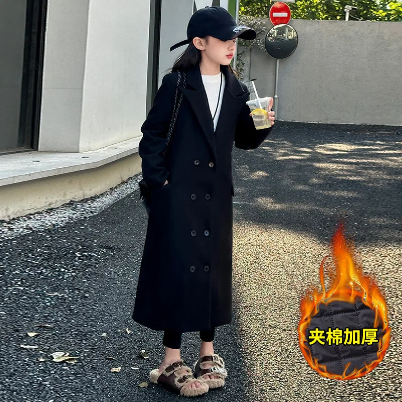 

2024 Girls' Autumn and Winter Black Woolen Coat Temperament Hepburn Style Knee Long Style Versatile Fashion Retro Woolen Coat