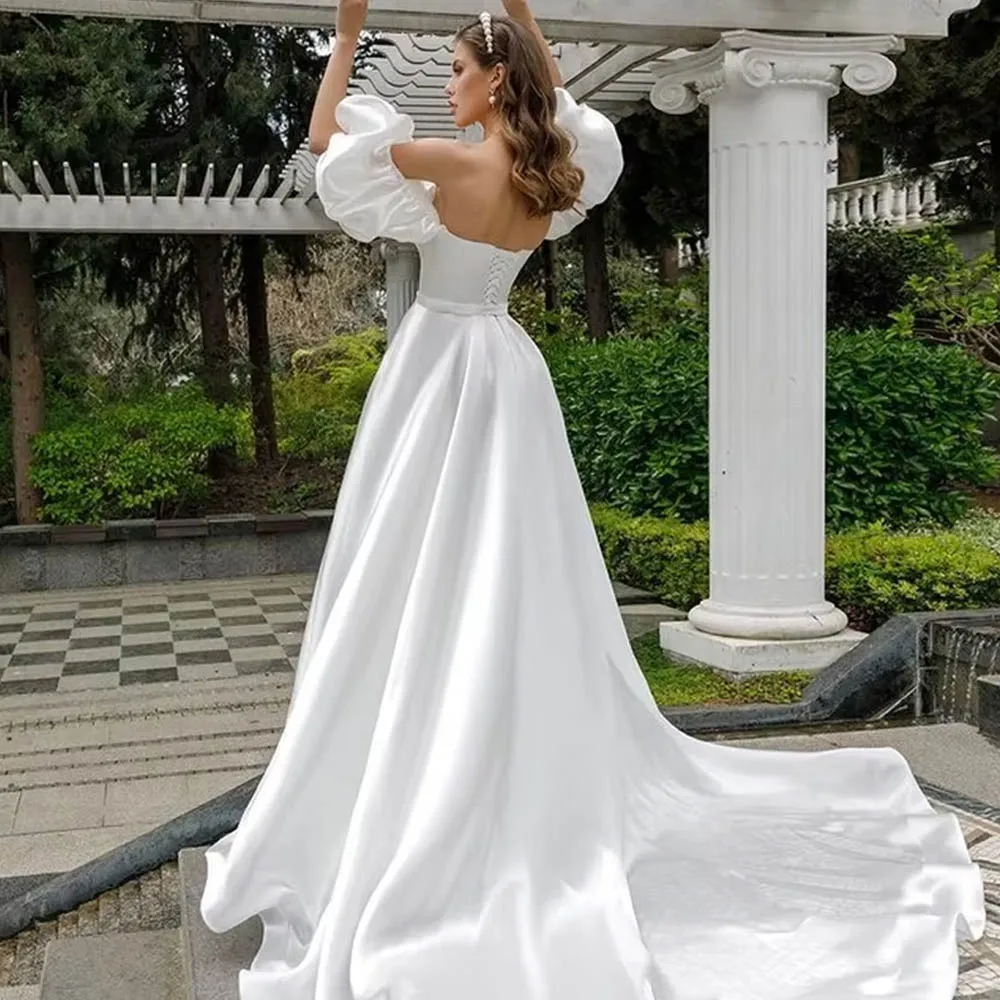 Customized Romantic Removable Puff Sleeve Satin Wedding Dress High Slit Side A-line Simple Plus Size Bridal Gown