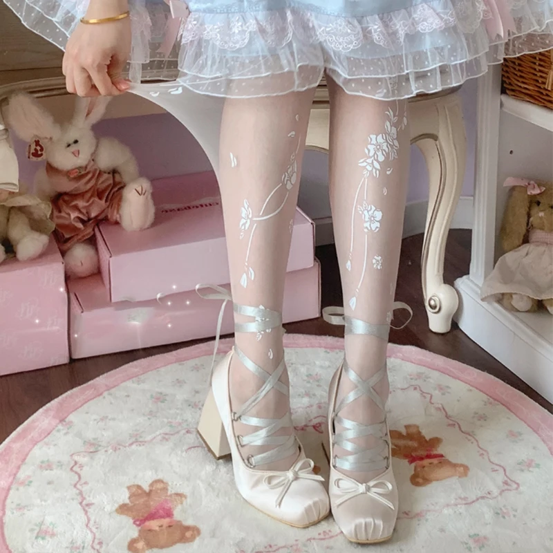 Weiße transparente Strumpfhosen Süße Lolita Tattoo Strümpfe Rose Blumen/Schmetterlinge/Federn Anime Y2K Mädchen Sexy Stretch Strumpfhosen