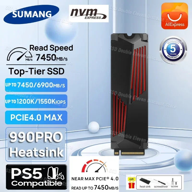 

SSD 990 Pro with Heatsink 1TB 2TB NVMe PCIe 4.0 M.2 2280 7450MB/S Drives SSD for PS5 PlayStation5 Laptop Gaming Computer