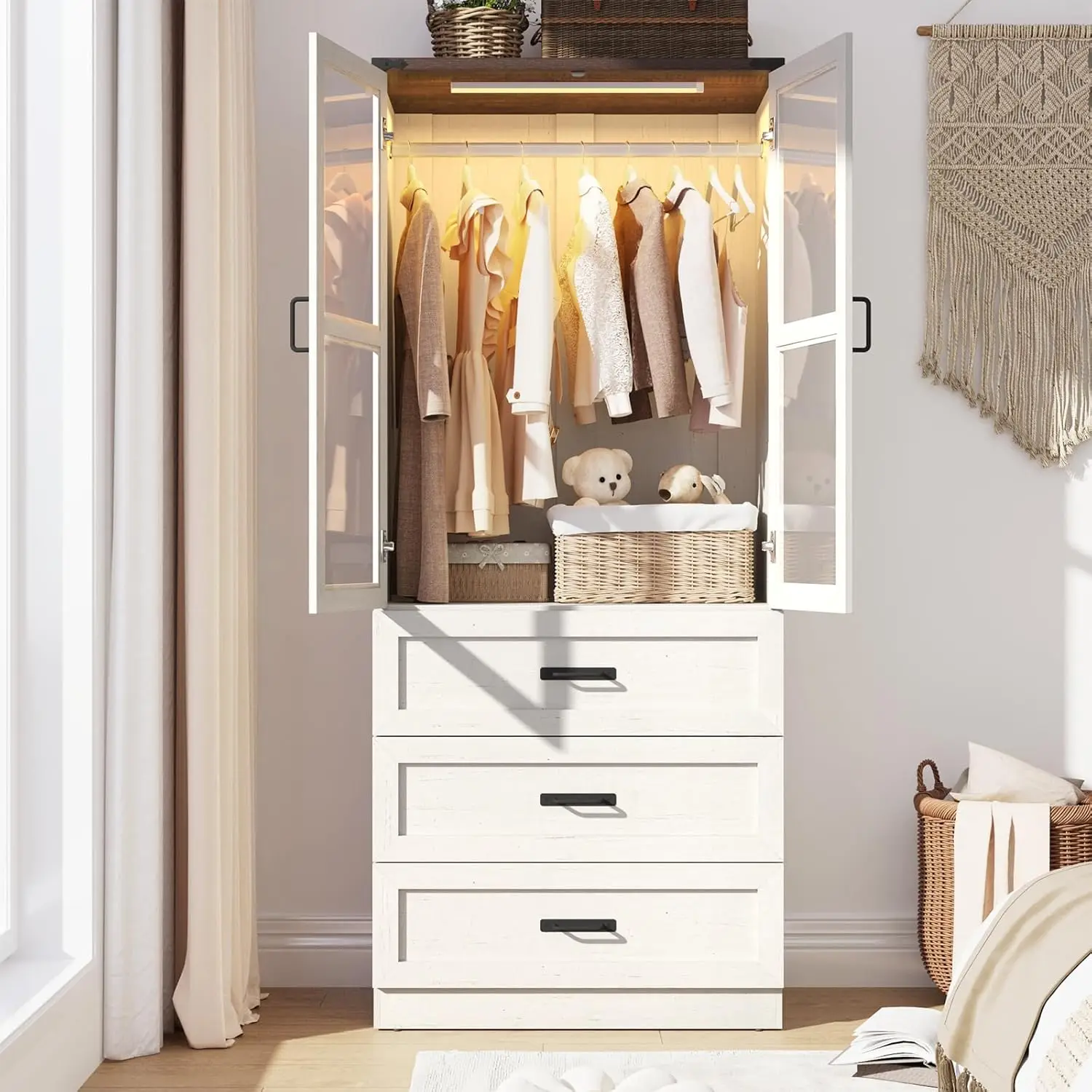 

75" Farmhouse 2-Door Armoire Wardrobe with 3 Drawers LED - Rustic Off White (Bedroom)