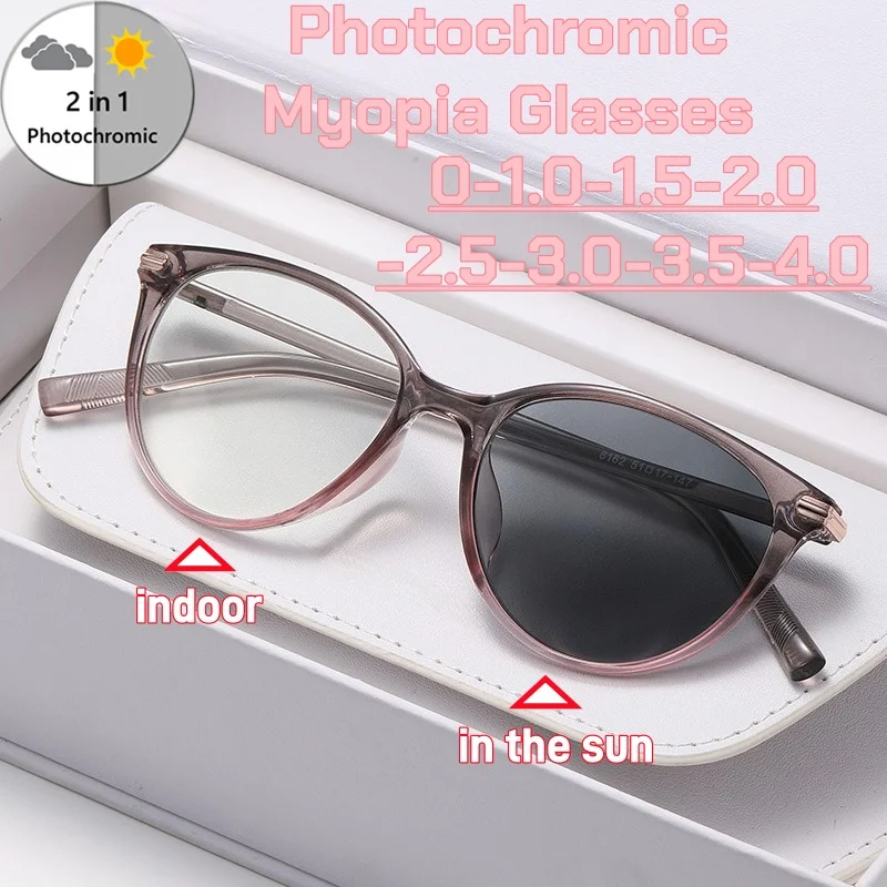 

Luxury Design Photochromic Myopia Glasses Fashion Women Cat Eye Anti-Blue Light Color Changing Near Sight Eyewear Minus Diopter