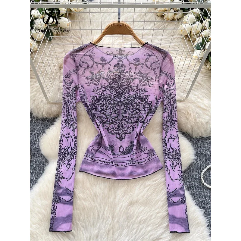 ZIXIN Streetwear Hotsweet Mesh Blouse Vrouwen O-hals Print Dunne Sheer Chic Tops Amerikaanse Sexy Ins Schede Korte Casual T-Shirt